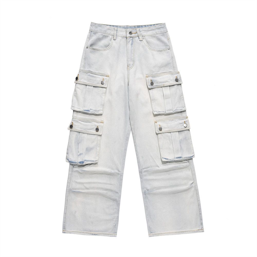 Multi-Pocket Cargo Denim Straight-Leg Men's Vibe Trendy Brand High Street Dyed Washed Wrinkled Loose Wide-Leg Pants_mkmklike.com