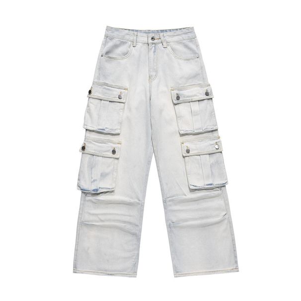 Multi-Pocket Cargo Denim Straight-Leg Men's Vibe Trendy Brand High Street Dyed Washed Wrinkled Loose Wide-Leg Pants_mkmklike.com