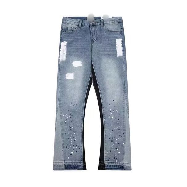 Cross Border European And American Ink Splash Graffiti Micro Flared Casual Loose Jeans Long Pants Men And Women Trendy Casual Stitching Trousers_mkmklike.com