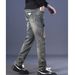Men's Slim Fit Retro Jeans Trendy Brand Embroidered Blue Cotton Pants Mid Waist Spring Autumn New_mkmklike.com