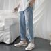 Summer Nine-point Jeans Men's Personality Scraped Loose Korean Version Ripped Summer Elastic Waist Beggar Pants_mkmklike.com