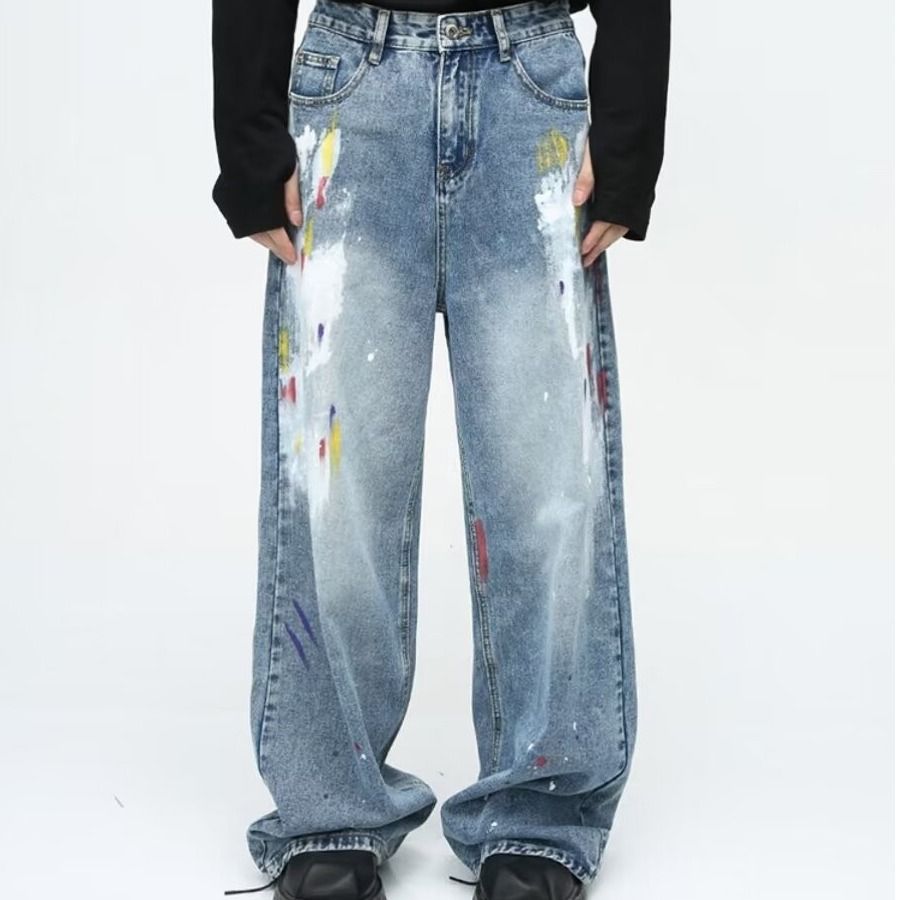 Unisex Korean Style Graffiti Splatter Paint Jeans Straight Leg Loose Fit Wide Leg Trousers Trendy Blue Non-Stretch Long Pants_mkmklike.com