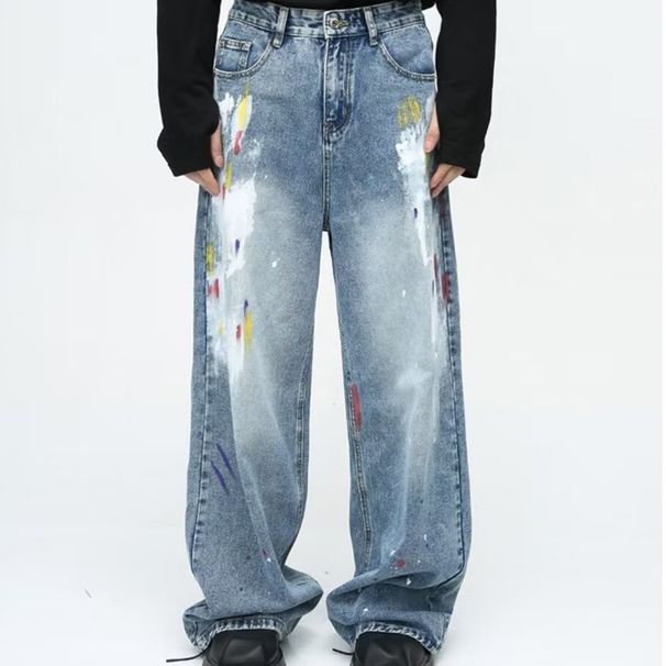 Unisex Korean Style Graffiti Splatter Paint Jeans Straight Leg Loose Fit Wide Leg Trousers Trendy Blue Non-Stretch Long Pants_mkmklike.com