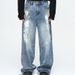 Unisex Korean Style Graffiti Splatter Paint Jeans Straight Leg Loose Fit Wide Leg Trousers Trendy Blue Non-Stretch Long Pants_mkmklike.com