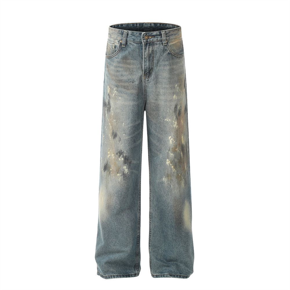 Paint Splatter Vintage Jeans Men's Hip Hop Trend Washed Straight Loose Dirty Wide-Leg Pants_mkmklike.com