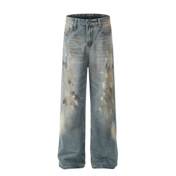 Paint Splatter Vintage Jeans Men's Hip Hop Trend Washed Straight Loose Dirty Wide-Leg Pants_mkmklike.com