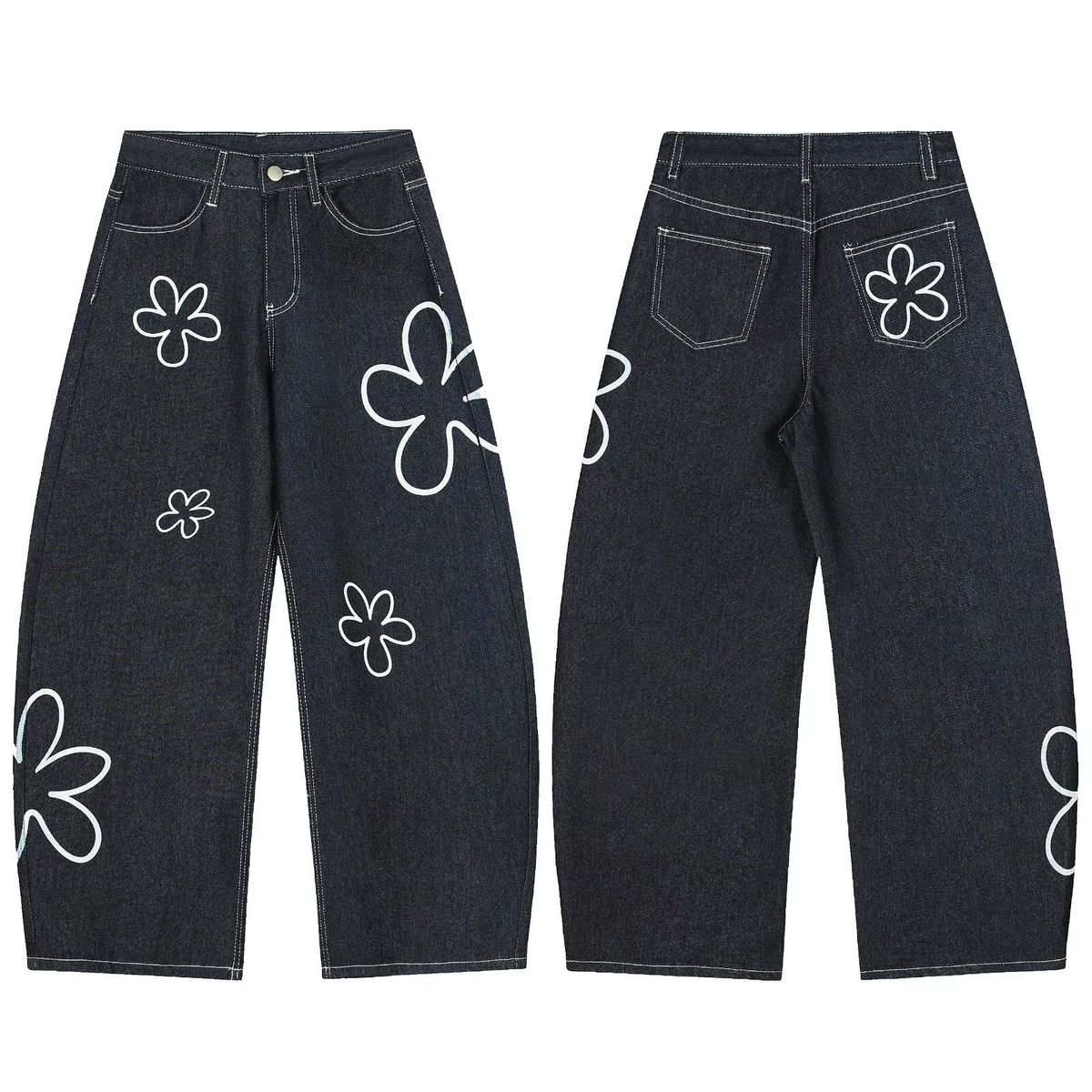 Unisex Embroidered Floral Jeans – Streetwear Baggy Denim Pants With Distressed Wash (Sizes S-XXXL)_mkmklike.com