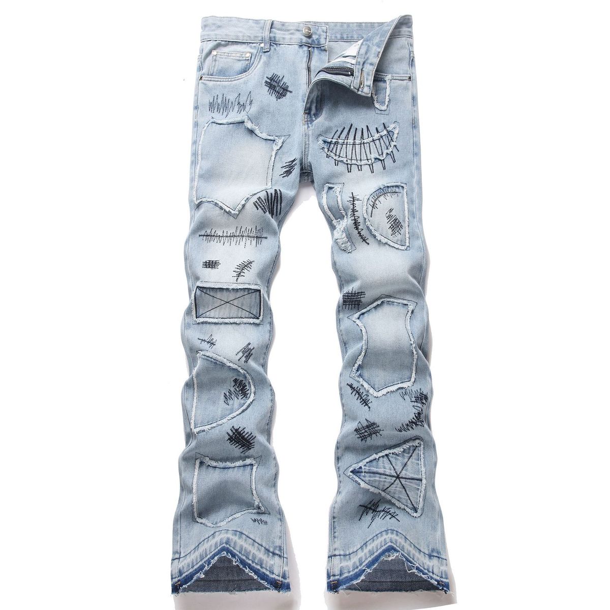 Men's High Street Graffiti Embroidered Patchwork Denim Pants – Vintage Blue Flared Jeans (28-42)_mkmklike.com