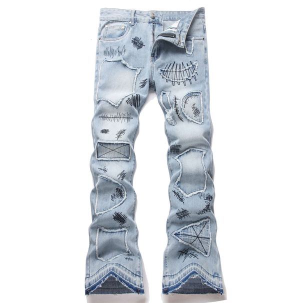 Men's High Street Graffiti Embroidered Patchwork Denim Pants – Vintage Blue Flared Jeans (28-42)_mkmklike.com