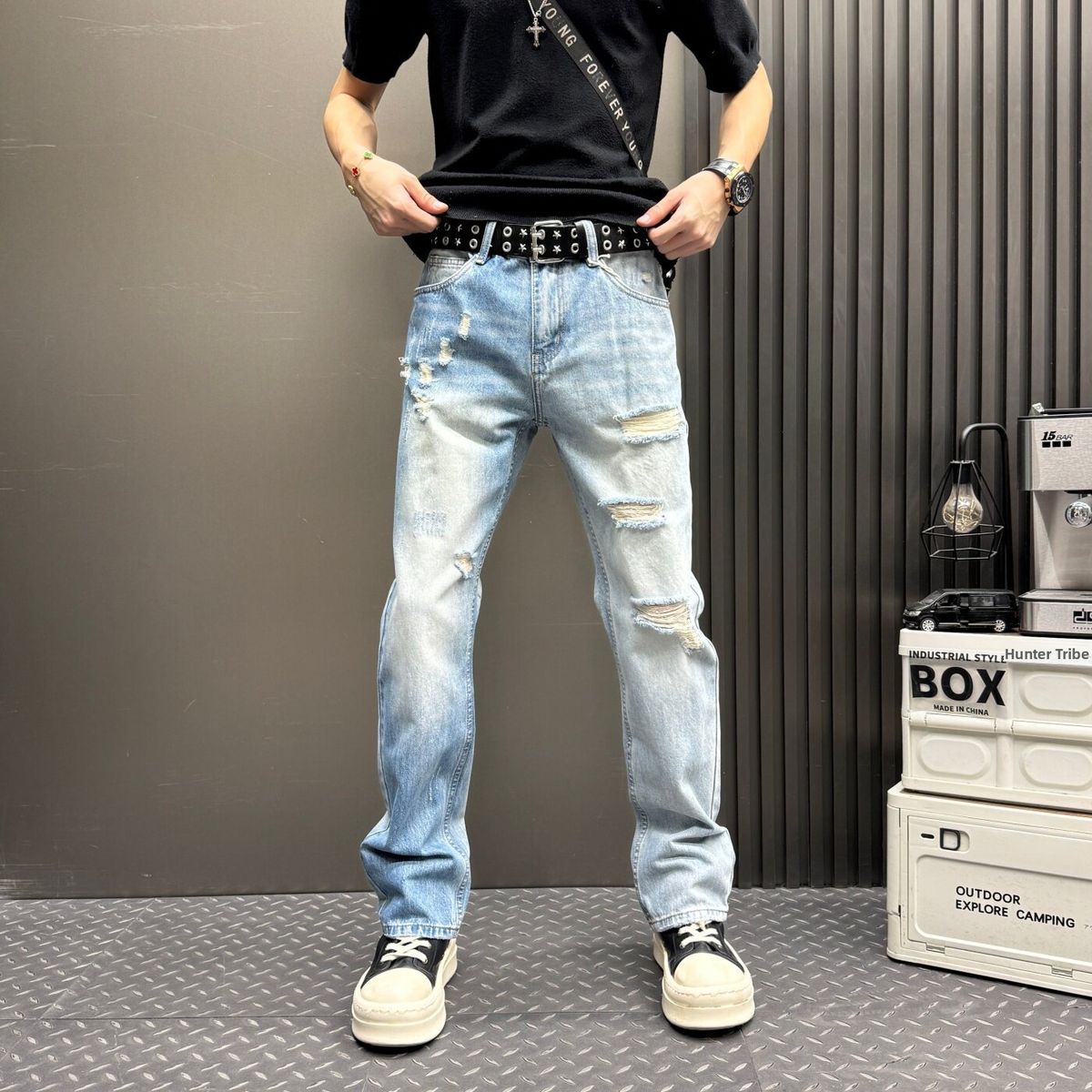 Slim Fit Men's Ripped Jeans Light Blue Straight Leg Washed Denim Slightly Flared Long Durable Harem Pants_mkmklike.com