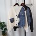 Autumn And Winter New Korean Version Loose Short Stitching Denim Sweater Jacket Design Knitted Cardigan Women_mkmklike.com
