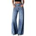 Women's Vintage Split Hem Blue Jeans - High Waisted Wide Leg & Flared Trousers (Mid Blue, S-XL)_mkmklike.com