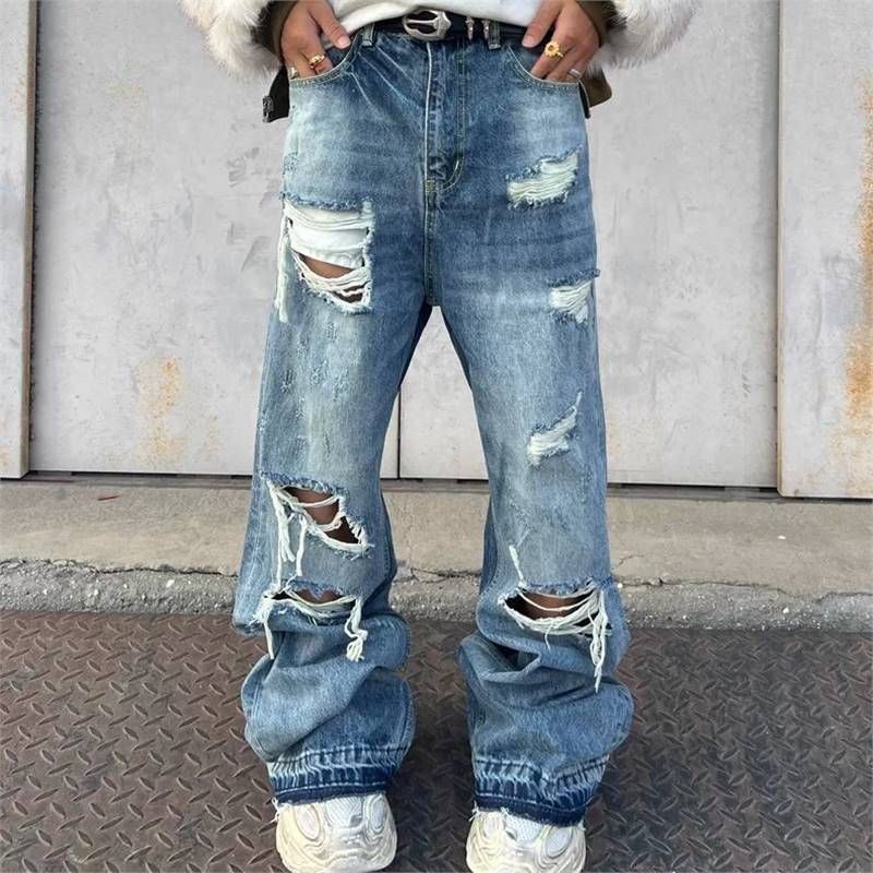Men's Retro Washed Ripped And Distressed Slightly Flared Jeans Casual High Street Style Trendy Floor-Length Trousers_mkmklike.com