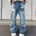 Men's Retro Washed Ripped And Distressed Slightly Flared Jeans Casual High Street Style Trendy Floor-Length Trousers_mkmklike.com