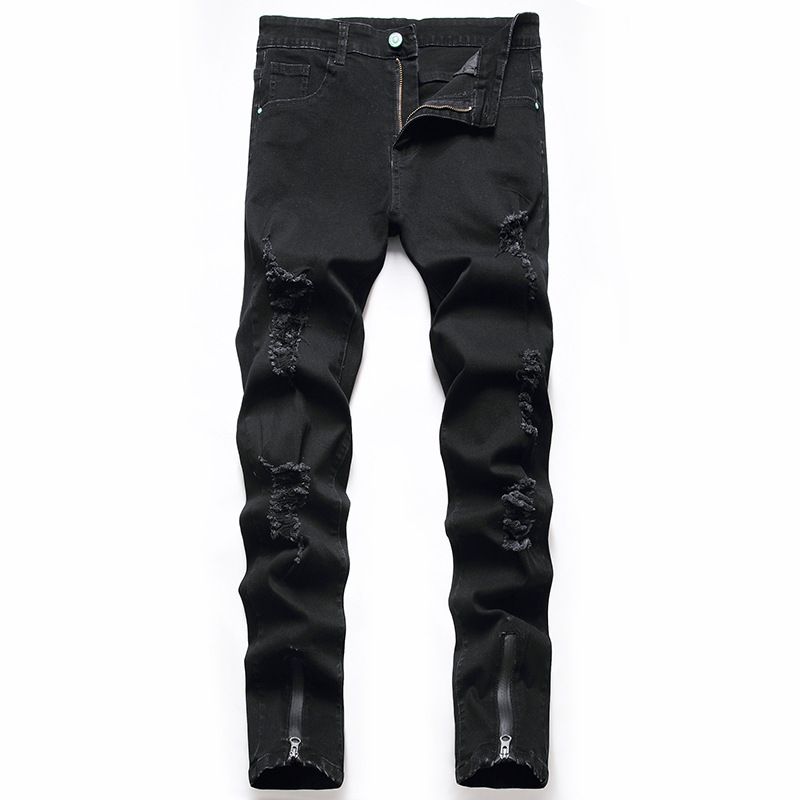 Men's clothing zipper jeans Stretch slim-fit ripped denim pants_mkmklike.com