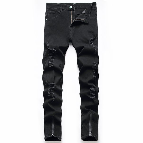 Men's clothing zipper jeans Stretch slim-fit ripped denim pants_mkmklike.com