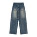 Starry Sky Denim Pants With Unique Embroidery Design, Washed And Faded, Loose Straight-Leg Trousers For Men, Trendy_mkmklike.com