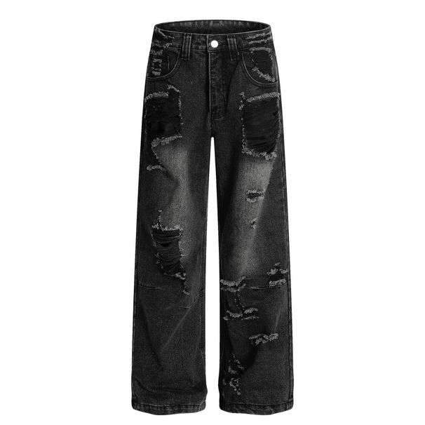 Post-apocalyptic Heavy-Duty Distressed Jeans For Men, Punk Style, Destroyed, Washed, Loose Straight-Leg Pants_mkmklike.com