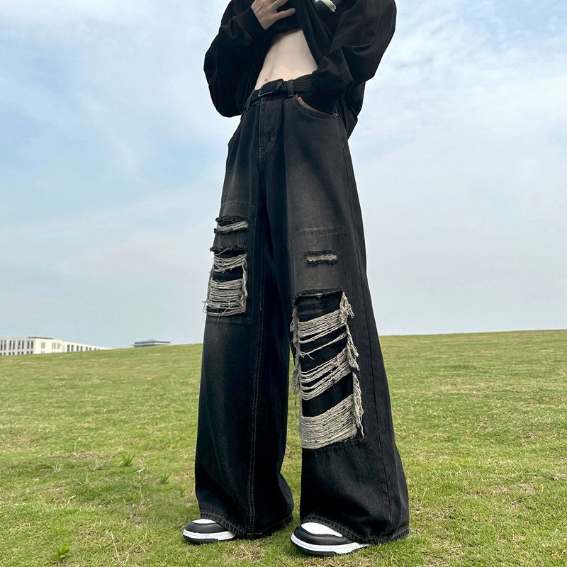 Nordmann American High Street Ripped Jeans For Men Loose Wide-Leg Floor-Length Pants Autumn Winter Vintage Versatile Casual_mkmklike.com