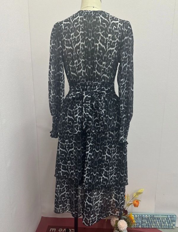 Women's Clothing women's fashion printed round neck high waist chiffon long sleeve dress_mkmklike.com