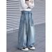 Men's Retro Blue Belted Jeans - Loose Straight Leg Denim Pants For Autumn & Winter, High Street Wide Leg Style_mkmklike.com