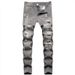 Men's Clothing Ripped Casual Gray Washed Jeans Elastic Mid Waist Slim Trousers_mkmklike.com