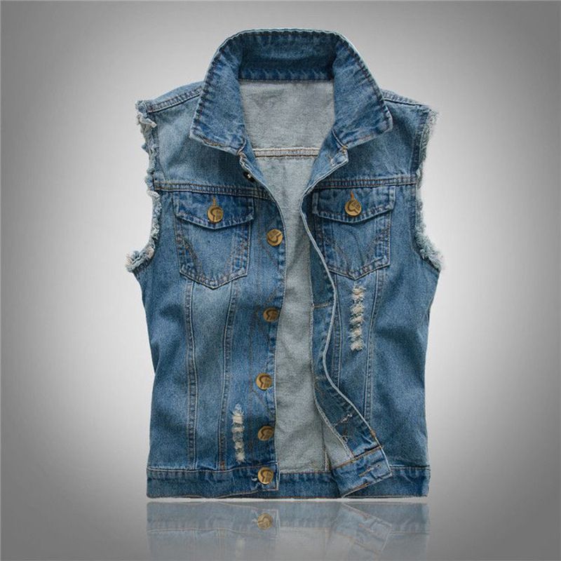 Men’s Slim-Fit Denim Vest – Distressed Washed Workwear Jacket With Multiple Pockets (98% Cotton, S-6XL, Blue)_mkmklike.com