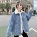 Women's Loose-Fit Denim Jacket With Velvet Lining – Classic Indigo & Black Winter Workwear Style_mkmklike.com