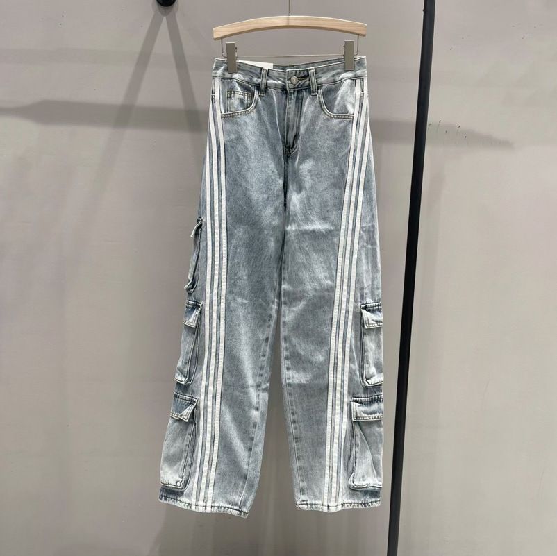 Women's clothing trendy contrast color retro multi-pocket workwear denim trousers for women 2024 straight wide-leg washed and distressed trousers_mkmklike.com