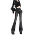 Women's High-Waisted Grey Flared Jeans Slimming Ankle-Length Elastic Frayed Hem Perfect for Autumn Winter_mkmklike.com