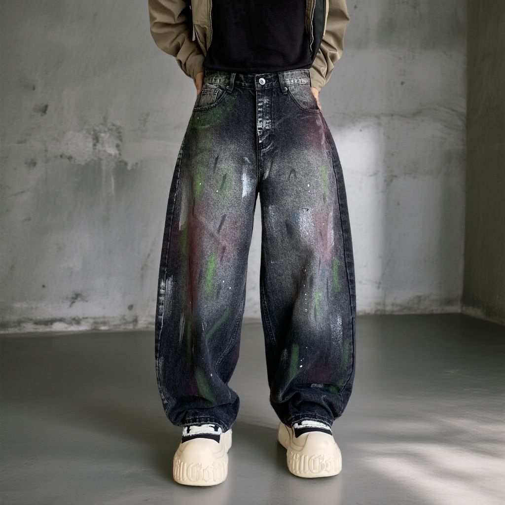 Galaxy Black Washed Straight-Leg Jeans – American Streetwear Distressed Denim With Hand-Painted Starry Effect (Relaxed Fit, Low Waist, No Stretch)_mkmklike.com