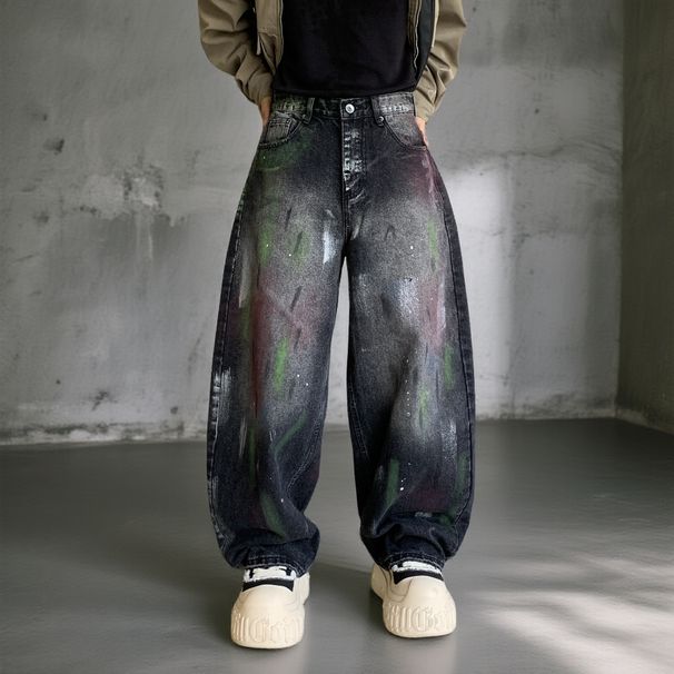 Galaxy Black Washed Straight-Leg Jeans – American Streetwear Distressed Denim With Hand-Painted Starry Effect (Relaxed Fit, Low Waist, No Stretch)_mkmklike.com