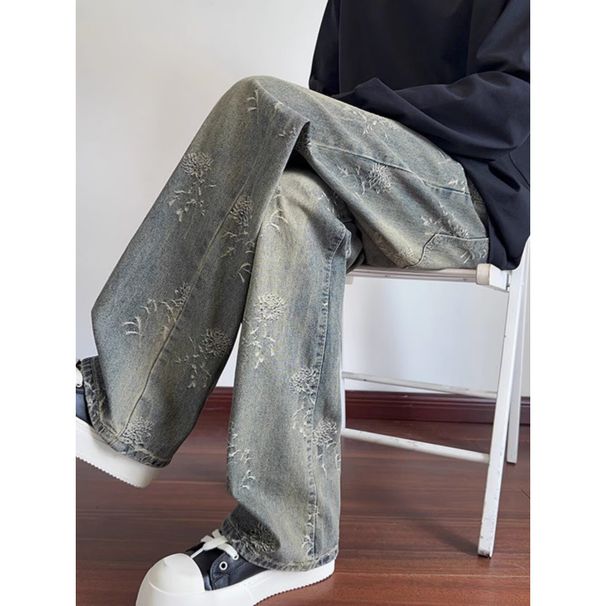 Vintage Jacquard Relaxed-Fit Jeans – Distressed Denim Pants With Rope Tie Waist & Flared Hem (S-3XL, Washed Blue, Unisex Streetwear Staple)_mkmklike.com