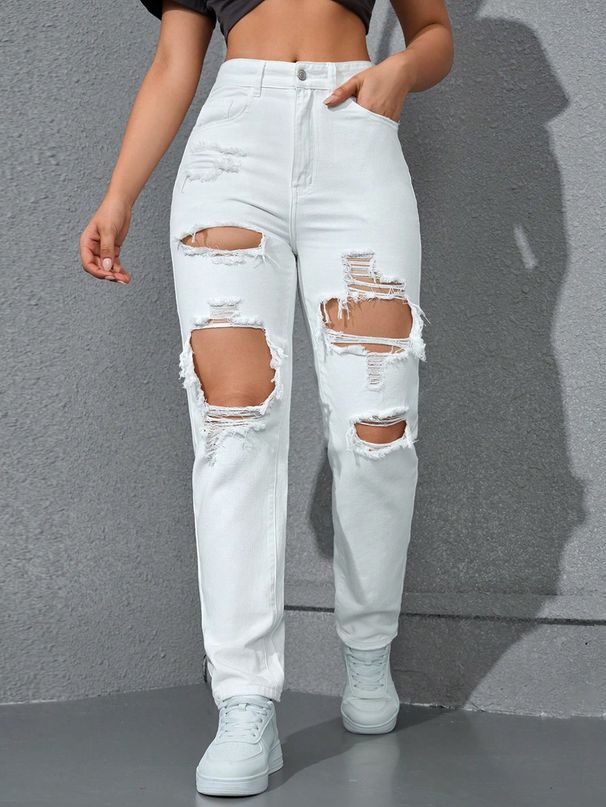 High Waisted Loose Fitting Ripped Jeans for Women European American Street Style Trendy Wide Leg Straight Leg Distressed Pants_mkmklike.com