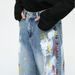 Unisex Korean Style Graffiti Splatter Paint Jeans Straight Leg Loose Fit Wide Leg Trousers Trendy Blue Non-Stretch Long Pants_mkmklike.com