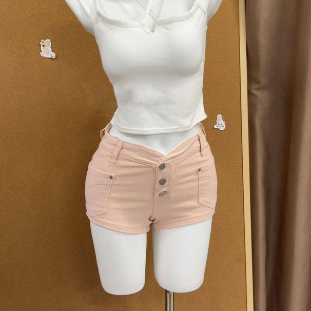 Women's High Waist Slimming Denim Shorts Pink Single Breasted Slim Straight Leg Hot Pants Versatile Spring Summer Hot Girl Style_mkmklike.com