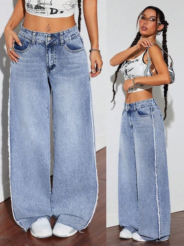 "Distressed Patchwork Denim Jeans For Women – High Waisted Wide Leg Floor-Length Pants (Peacock Blue, Sizes S-XL)"_mkmklike.com
