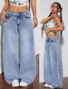 "Distressed Patchwork Denim Jeans For Women – High Waisted Wide Leg Floor-Length Pants (Peacock Blue, Sizes S-XL)"_mkmklike.com