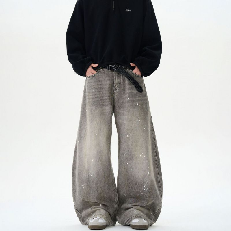 Retro Washed Scimitar Jeans Trendy Street Loose Wide Leg Pants For Men And Women Ink Splashed Old Gray_mkmklike.com