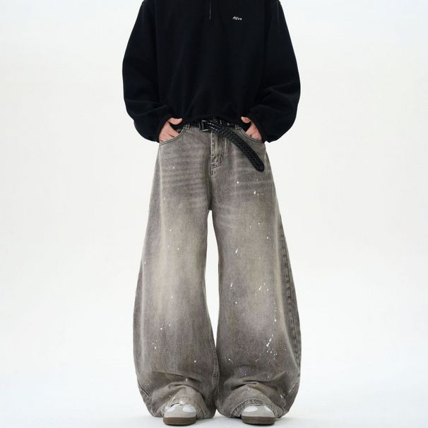 Retro Washed Scimitar Jeans Trendy Street Loose Wide Leg Pants For Men And Women Ink Splashed Old Gray_mkmklike.com