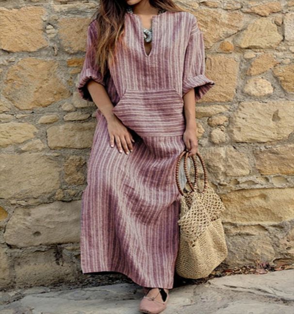 Women's Clothing Cotton and linen yarn-dyed striped long dress_mkmklike.com