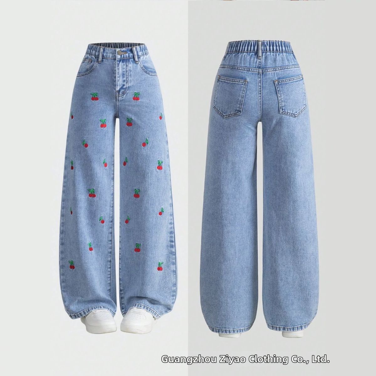 Summer New Women's Light Blue Washed Cherry Embroidered Jeans mid Waist Elastic Slimming Wide Leg Straight Leg Pants_mkmklike.com
