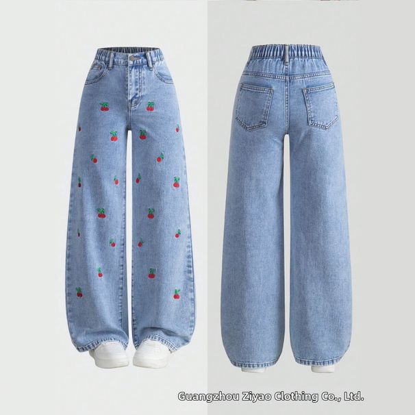 Summer New Women's Light Blue Washed Cherry Embroidered Jeans mid Waist Elastic Slimming Wide Leg Straight Leg Pants_mkmklike.com