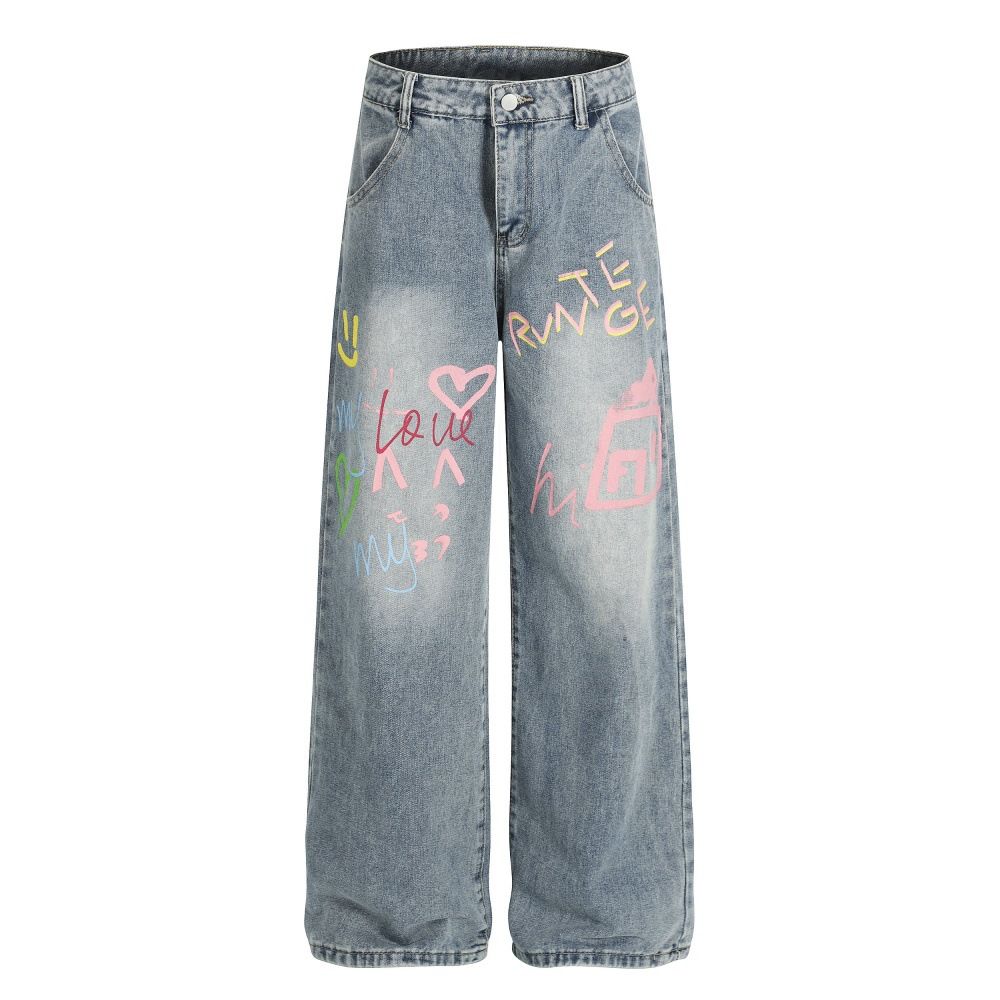 American High Street Graffiti Letter Print Washed Denim Wide-Leg Men's Punk Vibe Trend Loose Straight Long Pants_mkmklike.com