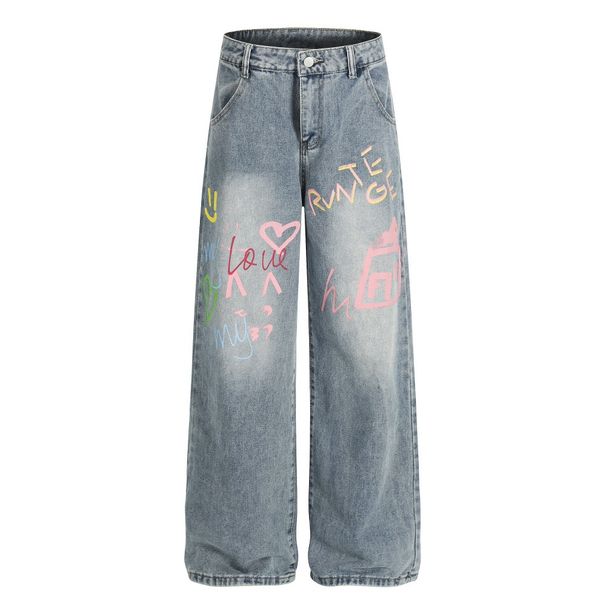 American High Street Graffiti Letter Print Washed Denim Wide-Leg Men's Punk Vibe Trend Loose Straight Long Pants_mkmklike.com