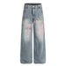 American High Street Graffiti Letter Print Washed Denim Wide-Leg Men's Punk Vibe Trend Loose Straight Long Pants_mkmklike.com