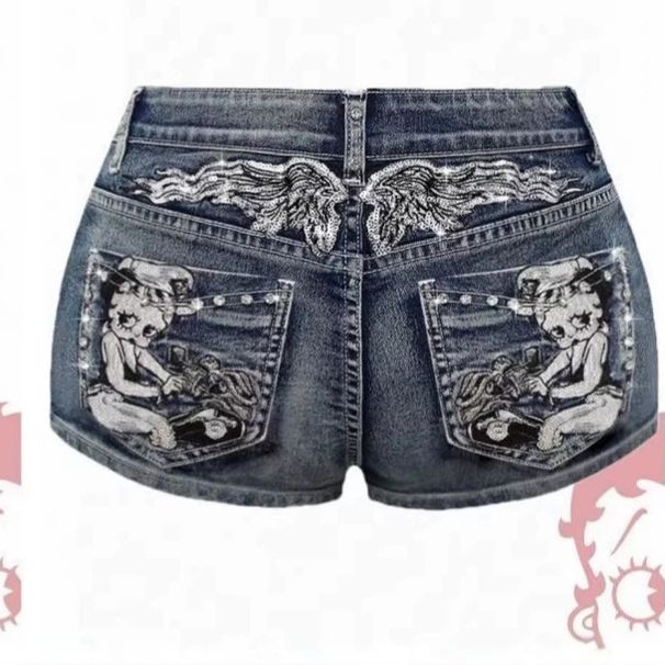 Betty Women's Cartoon Embroidered Rhinestone Denim Shorts Light Blue Sexy Jeans Factory Direct Wholesale Bottoms_mkmklike.com