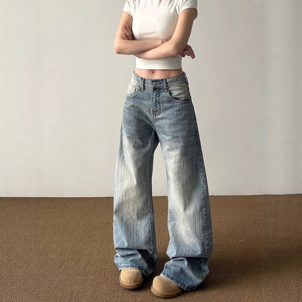 Men’s Clothing Large Size Retro Washed Straight Jeans Summer Thin Versatile Meat Covering Loose High Waist Wide Leg Pants Trousers_mkmklike.com