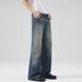 Vintage Blue Washed Gradient A-Line Denim Jeans For Men And Women, Baggy Loose Fit Straight Leg Trousers_mkmklike.com
