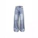Men's Clothing Washed Denim Jeans Messy Whiskered Distressed Light Blue Washed Denim Jeans - Baggy Fit High Street Style With Cat Whisker Details_mkmklike.com